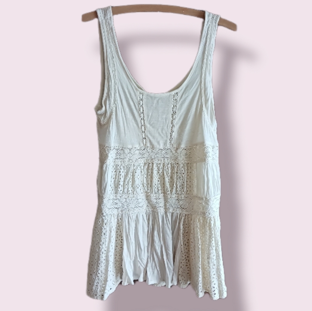 Free People Tunic Tank XS Ivory Tiered Lace Cottagecore Y2K